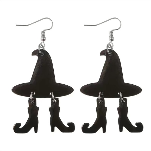 ‼️$7‼️Halloween Evil Witch's Hat Boots Design Black Dangle Earrings - Picture 3 of 7